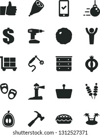Solid Black Vector Icon Set - cargo trolley vector, dollar, chest of drawers, shoes for little children, big core, drill, hammer with claw, thumb up, fried vegetables on sticks, apple pie, cabbage