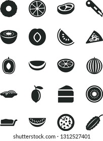 Solid Black Vector Icon Set - stationery knife vector, pizza, piece of, slices onion, cake, slice, bacon, plum, water melon, delicious, lemon, kiwi, half, coconut, pineapple, grapefruit, cucumber