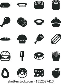 Solid Black Vector Icon Set - sausage vector, stick of, piece cheese, loaf, canned goods, tin, Hot Dog, mini, big burger, cake, muffin, with a hole, glazed, plate milk, chicken leg, thigh, popsicle