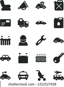 Solid Black Vector Icon Set - horn vector, Baby chair, summer stroller, motor vehicle, key, car, pass card, delivery, accumulator, battery, racer, canister, of oil, electric, retro, autopilot