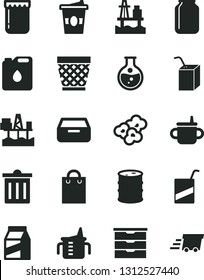 Solid Black Vector Icon Set - wicker pot vector, bin, storage unit, mug for feeding, measuring cup, e, packing of juice with a straw, drawer, package, popcorn, coffe to go, jam, sea port, barrel
