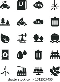 Solid Black Vector Icon Set - dust bin vector, bag with handles, solar panel, working oil derrick, leaf, windmill, trees, forest, industrial building, factory, drop, eco car, electric, CO2, trash