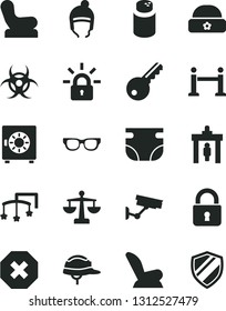 Solid Black Vector Icon Set - mark of injury vector, scales, toys over the cot, nappy, powder, Baby chair, car child seat, winter hat, warm, helmet, lock, strongbox, encrypting, glasses, biohazard
