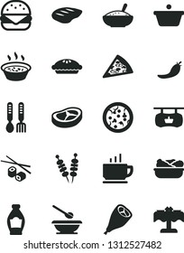 Solid Black Vector Icon Set - plates and spoons vector, iron fork, coffee, fried vegetables on sticks, pizza, piece of, big burger, pie, a bowl rice porridge, in saucepan, lettuce plate, bacon, chop