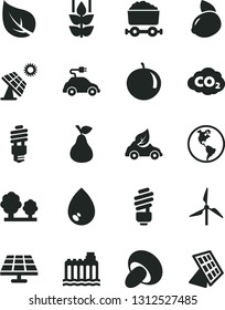 Solid Black Vector Icon Set - saving light bulb vector, drop, porcini, pear, mint, tangerine, yellow lemon, solar panel, big, leaf, windmill, planet Earth, hydroelectricity, trees, energy, eco car