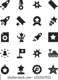 Solid Black Vector Icon Set - add bookmark vector, star gear, space rocket, lunar rover, bang, cup, reward, medal, flag, ribbon, certificate, stars around man, three, starfish