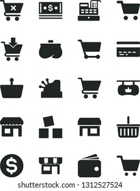 Solid Black Vector Icon Set - grocery basket vector, bank card, cubes for children, cart, put in, crossed, kiosk, stall, shopping, antique advertising signboard, dollar, wallet, purse, cash, machine
