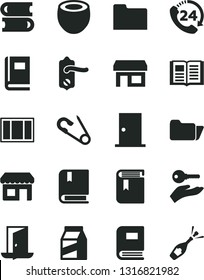 Solid Black Vector Icon Set - book vector, open pin, e, books, window frame, door knob, ntrance, 24, package, half of coconut, kiosk, stall, folder, arm with key, exit, champagne