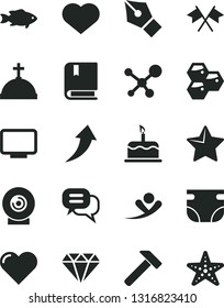 Solid Black Vector Icon Set - heart symbol vector, nappy, e, hammer, star, cake, lens, fish, honeycombs, monitor, molecule, ink pen, diamond, cross flags, arrow up, dialog, crown with, flying man