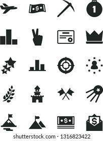 Solid Black Vector Icon Set - bar chart vector, cash, dollar, laurel branch, motivation, mountain flag, first place medal, certificate, mine axe, aim, cross flags, satellite, victory hand, crown