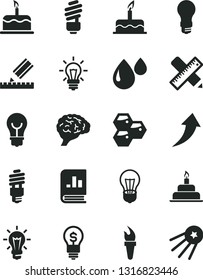 Solid Black Vector Icon Set - cake vector, birthday, saving light bulb, writing accessories, drawing, honeycombs, drop, energy, book on statistics, brain, flame torch, arrow up, idea