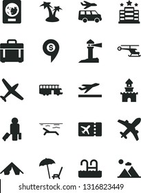 Solid Black Vector Icon Set - case vector, coastal lighthouse, sand castle, helicopter, dollar pin, plane, bus, passenger, passport, ticket, departure, tent, beach, arnchair under umbrella, pool