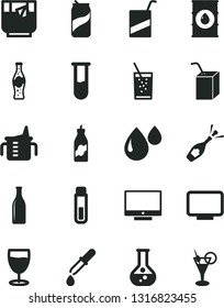Solid Black Vector Icon Set - measuring cup for feeding vector, e, packing of juice with a straw, screen, glass soda, tea, can, bottle, liquor, flask, oil, drop, monitor, test tube, pipette