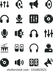 Solid Black Vector Icon Set - loudspeaker vector, silent mode, drumroll, headphones, microphone, regulator, volume, no sound, operator, megaphone, cd, pc speaker, settings