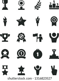 Solid Black Vector Icon Set - star vector, pedestal, flame torch, winner, laurel branch, podium, prize, cup, gold, reward, man hold flag, first place medal, with pennant, ribbon, hero, hands up