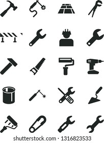 Solid Black Vector Icon Set - paint roller vector, repair key, safety pin, building trowel, small tools, adjustable wrench, drill, hand saw, paving slab, road fence, hammer, with claw, builder, gas