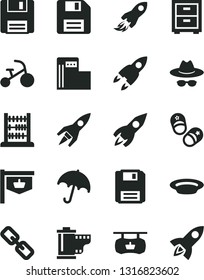Solid Black Vector Icon Set - floppy disk vector, spectacles, hat with glasses, camera roll, bedside table, tricycle, child shoes, abacus, umbrella, plate, modern gas station, vintage sign, rocket