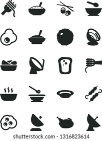 Solid Black Vector Icon Set - deep plate with a spoon vector, plates and spoons, spaghetti, noodles, bowl of buckwheat porridge, rice, hot, lettuce in, chicken, meat on skewers, cabbage, fried egg