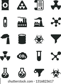 Solid Black Vector Icon Set - flask vector, manufacture, factory, oil, barrel, industrial building, radiation, carbon dyoxide, filter, water, research article, test tube, molecule, nuclear