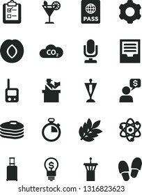 Solid Black Vector Icon Set - desktop microphone vector, stopwatch, archive, toy phone, cogwheel, passport, survey, cocktail, pancakes, plum, CO2, atom, biology, pennant, idea, money dialog