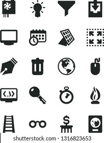 Solid Black Vector Icon Set - download archive data vector, stepladder, key, size, filter, mouse, pc power supply, monitor, trash bin, coding, schedule clock, glasses, bulb, flame, sun panel, earth