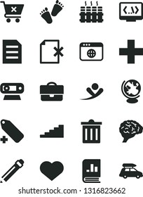 Solid Black Vector Icon Set - heart symbol vector, bin, graphite pencil, plus, add label, children's tracks, radiator, delete page, crossed cart, portfolio, book on statistics, web camera, browser