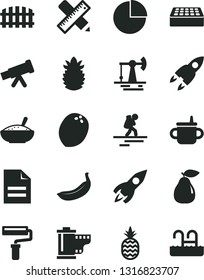 Solid Black Vector Icon Set - paint roller vector, scribbled paper, camera roll, pie chart, mug for feeding, writing accessories, brick, fence, a bowl of rice porridge, pineapple, pear, banana, ripe