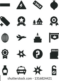 Solid Black Vector Icon Set - danger of electricity vector, minus, add label, question, car, birthday cake, bottle, medlar, melon, vintage sign, season sale, sd card, medal, bang, star ribbon