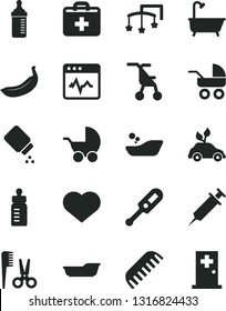 Solid Black Vector Icon Set - heart symbol vector, first aid kit, toys over the cot, feeding bottle, measuring for, baby powder, stroller, carriage, sitting, electronic thermometer e, bath, comb