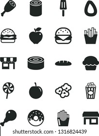 Solid Black Vector Icon Set - kiosk vector, stick of sausage, loaf, canned goods, tin, big burger, cake, glazed with a hole, chicken leg, thigh, lollipop, French fries, fried potato slices, popcorn