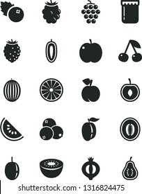 Solid Black Vector Icon Set - jam vector, blueberries, cherry, peach, apple, large grape, half of medlar, blackberry, tasty raspberry, melon, slice water, ripe plum, passion fruit, sweet date, kiwi