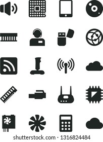 Solid Black Vector Icon Set - rss feed vector, volume, operator, smd, processor, calculator, tablet pc, fan, radiator, power supply, memory, router, cd, usb flash, network, lan connector, wireless