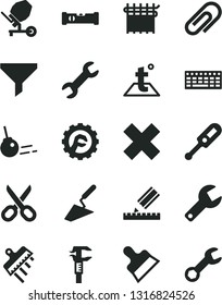 Solid Black Vector Icon Set - repair key vector, scissors, clip, cross, electronic thermometer e, trowel, concrete mixer, construction level, drawing, putty knife, spatula, star gear, temperature