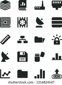 Solid Black Vector Icon Set - floppy disk vector, folder, graph, pile, flowchart, processor, satellite antenna, bar chart, book on statistics, radiator fan, memory, router, usb flash, lan connector