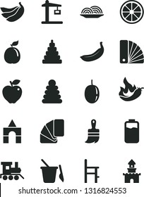 Solid Black Vector Icon Set - stacking rings vector, toy, children's sand set, a chair for feeding, baby train, box of bricks, color samples, sample colour, wooden paint brush, onion, red apple
