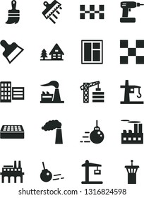 Solid Black Vector Icon Set - tower crane vector, big core, window, cordless drill, wooden paint brush, city block, tile, ceramic tiles, brick, putty knife, spatula, manufacture, factory, enterprise