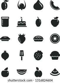 Solid Black Vector Icon Set - cake vector, pie, apple, popsicle, jam, strawberries, apricot, red, strawberry, fig, medlar, mulberry, slice of melon, water, ripe plum, half kiwi, physalis