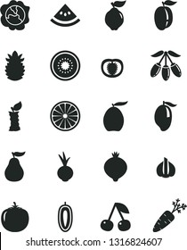 Solid Black Vector Icon Set - beet vector, cherry, squash, quince, medlar, mango, loquat, goji berry, ripe plum, sweet date fruit, half of kiwi, orange, pineapple, guava, slice water melon, tomato