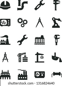 Solid Black Vector Icon Set - tower crane vector, construction helmet, water pipes, factory, hydroelectricity, industrial building, robot welder, Measuring compasses, steel repair key, calipers