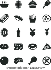 Solid Black Vector Icon Set - measuring bottle for feeding vector, piece of cheese, pizza, Hot Dog, muffin, cake with a hole, porridge, chicken leg, thigh, cabbage, meat, French fries, omelette