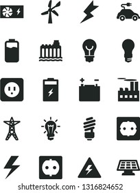 Solid Black Vector Icon Set - lightning vector, danger of electricity, saving light bulb, power socket type b, f, charge level, charging battery, wind energy, accumulator, hydroelectricity, line