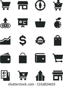 Solid Black Vector Icon Set - paper bag vector, purse, cart, put in, crossed, blueberry, stall, shopping basket, goal woman, denomination of the dollar, wallet, statistical research, sale, store