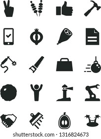 Solid Black Vector Icon Set - scribbled paper vector, big core, hand saw, spatula, hammer with claw, fried vegetables on sticks, grill chicken leg, cabbage, half of medlar, loquat, gas welding, bag