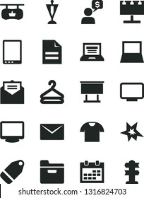Solid Black Vector Icon Set - laptop vector, calendar, scribbled paper, envelope, received letter, folder, T shirt, hanger, label, antique advertising signboard, billboard with illumination, monitor