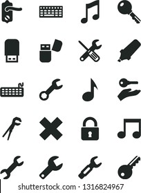 Solid Black Vector Icon Set - repair key vector, cross, small tools, adjustable wrench, door knob, lock, music, steel, text highlighter, keyboard, usb flash, note, arm with