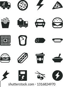 Solid Black Vector Icon Set - lightning vector, dangers, car, delivery, sausage, pizza, piece of, Hot Dog, mini, big burger, a bowl buckwheat porridge, French fries, Chinese chopsticks, coffe to go