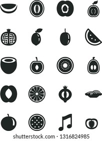 Solid Black Vector Icon Set - music vector, slices of onion, orange slice, half apricot, pomegranate, medlar, peach, melon, tangerine, loquat, cherry, passion fruit, kiwi, sour lime, guawa, tomato