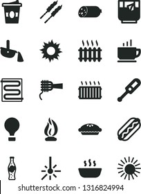 Solid Black Vector Icon Set - electronic thermometer vector e, heating coil, coffee, sausage, Hot Dog, noodles, pie, porridge, barbecue, coffe to go, a glass of tea, bottle soda, outdoor, aluminum