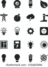 Solid Black Vector Icon Set - matte light bulb vector, window, power socket type b, dangers, storm cloud, lens, leaf, pole, energy saving, mercury, coastal lighthouse, flag on moon, sun, disco ball