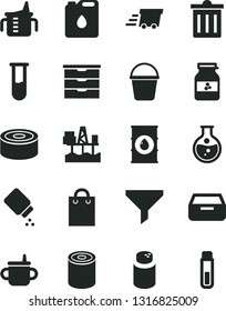 Solid Black Vector Icon Set - bin vector, storage unit, mug for feeding, measuring cup, powder, baby, bucket, drawer, canned goods, tin, jar of jam, commercial seaport, round flask, oil, canister